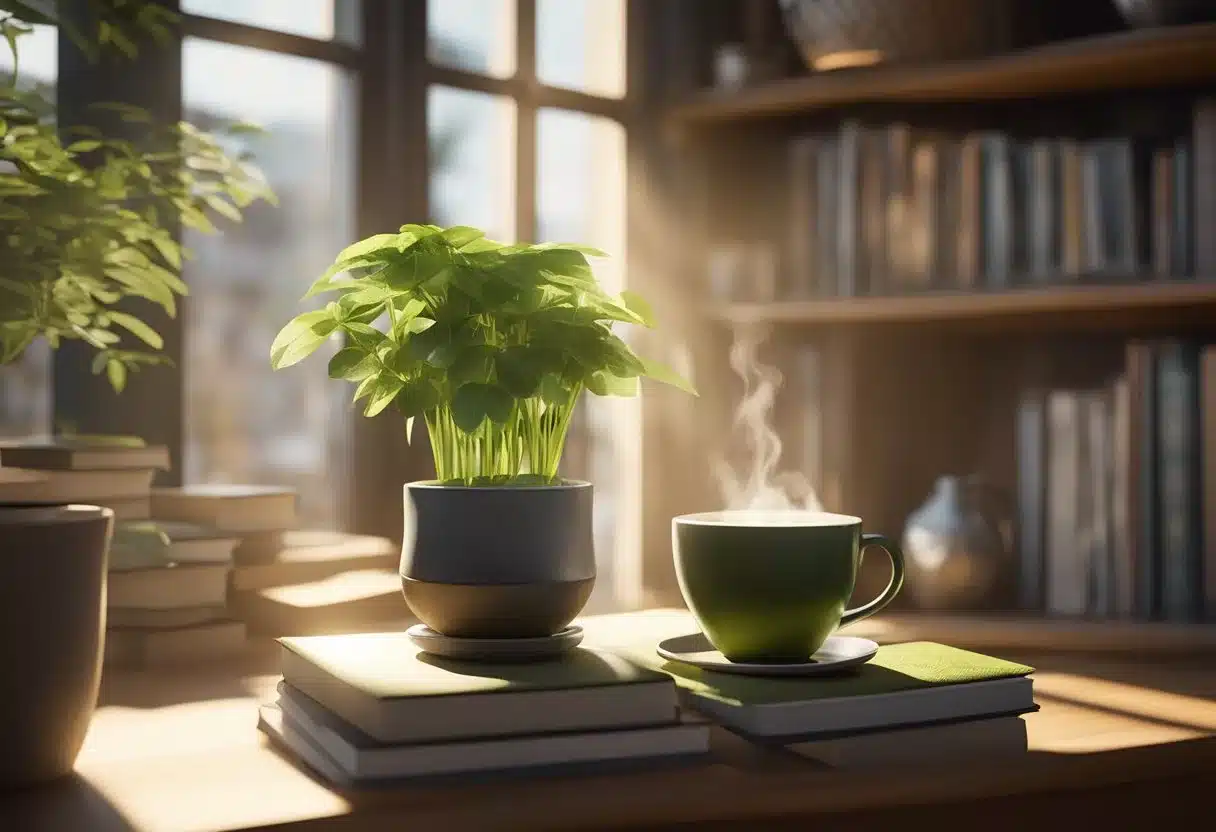 A steaming cup of matcha tea sits on a wooden table, surrounded by a stack of books and a potted plant. Sunlight filters through a nearby window, casting a warm glow over the scene