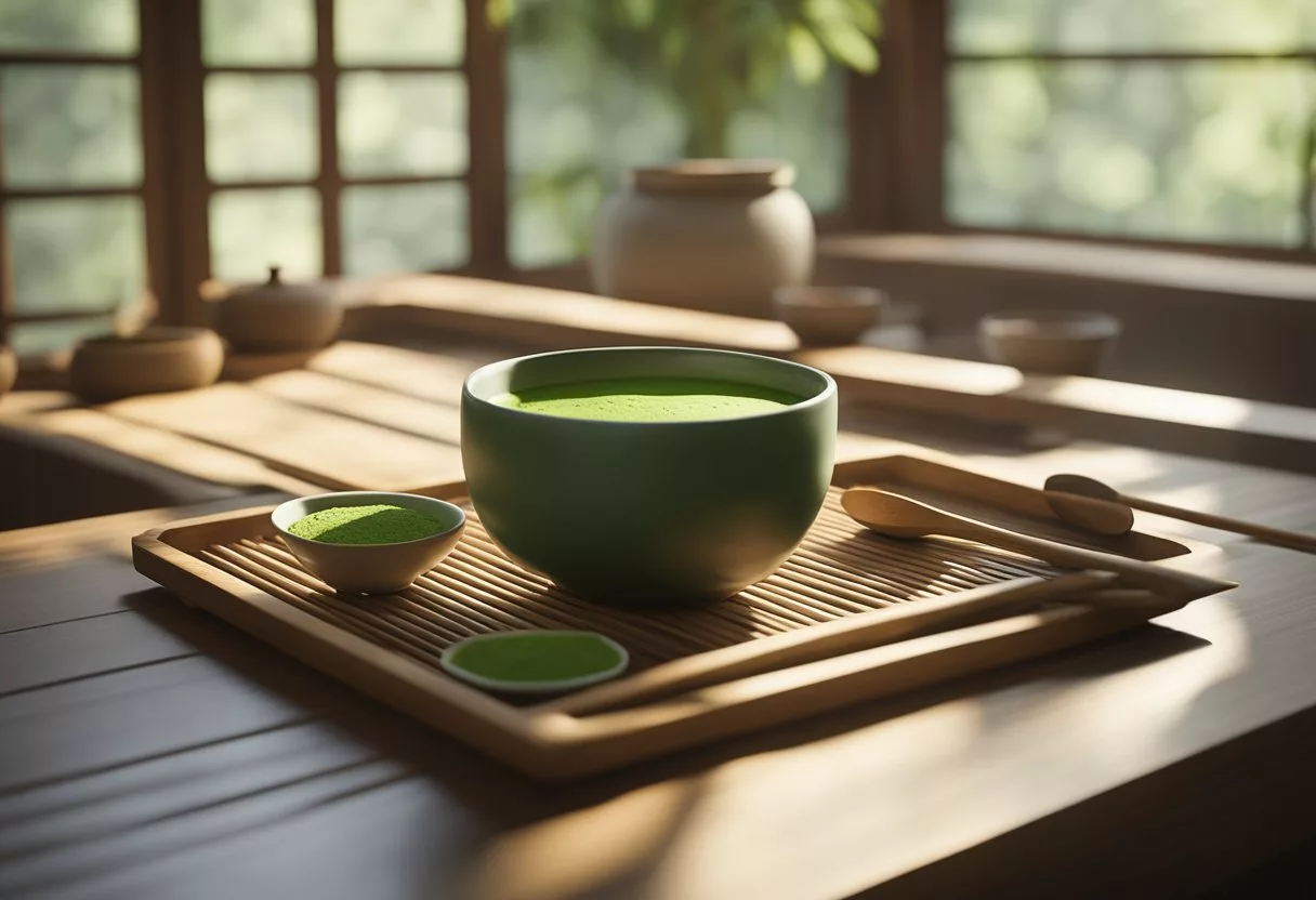 A serene tea ceremony scene with a bamboo whisk, ceramic bowl, and vibrant green matcha powder on a wooden tray. A serene atmosphere with natural light and calming colors