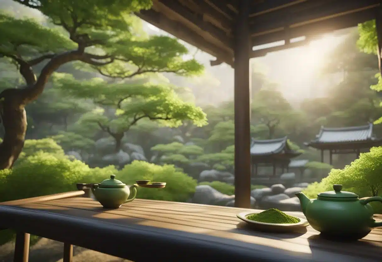 A serene Japanese tea garden with vibrant green tea leaves and a traditional tea ceremony set-up. The aroma of matcha fills the air, creating a peaceful and meditative atmosphere