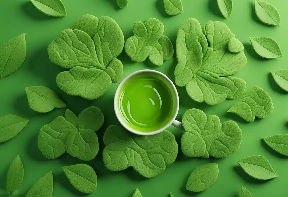 A vibrant green matcha tea leaf surrounded by brain-shaped symbols representing enhanced brainpower