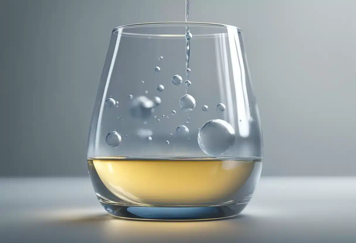 A water droplet falls into a clear glass, surrounded by floating hydration symbols and a measuring line indicating daily intake