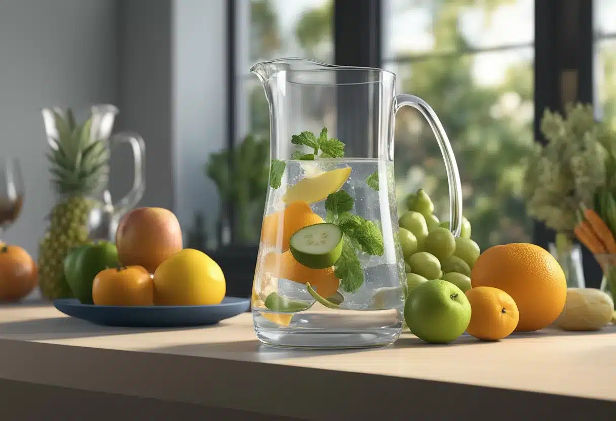 A glass of water sitting on a table, surrounded by various fruits and vegetables, with a clear water pitcher in the background