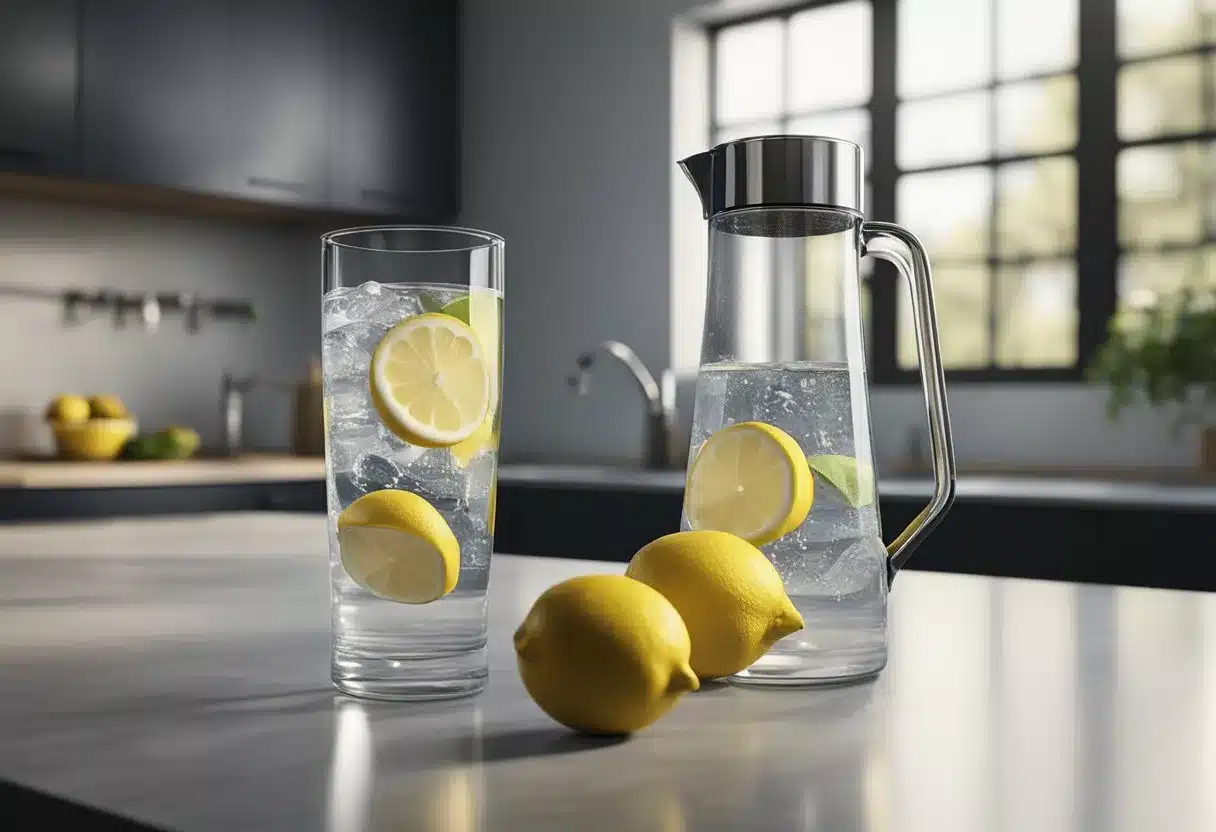 A clear glass of water sits next to a pitcher on a kitchen counter. A water bottle and a fresh, sliced lemon are also present