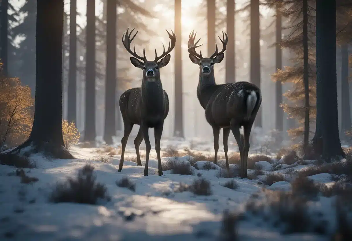 A deer with glowing red eyes and decaying flesh, standing in a desolate forest, surrounded by other wildlife avoiding it