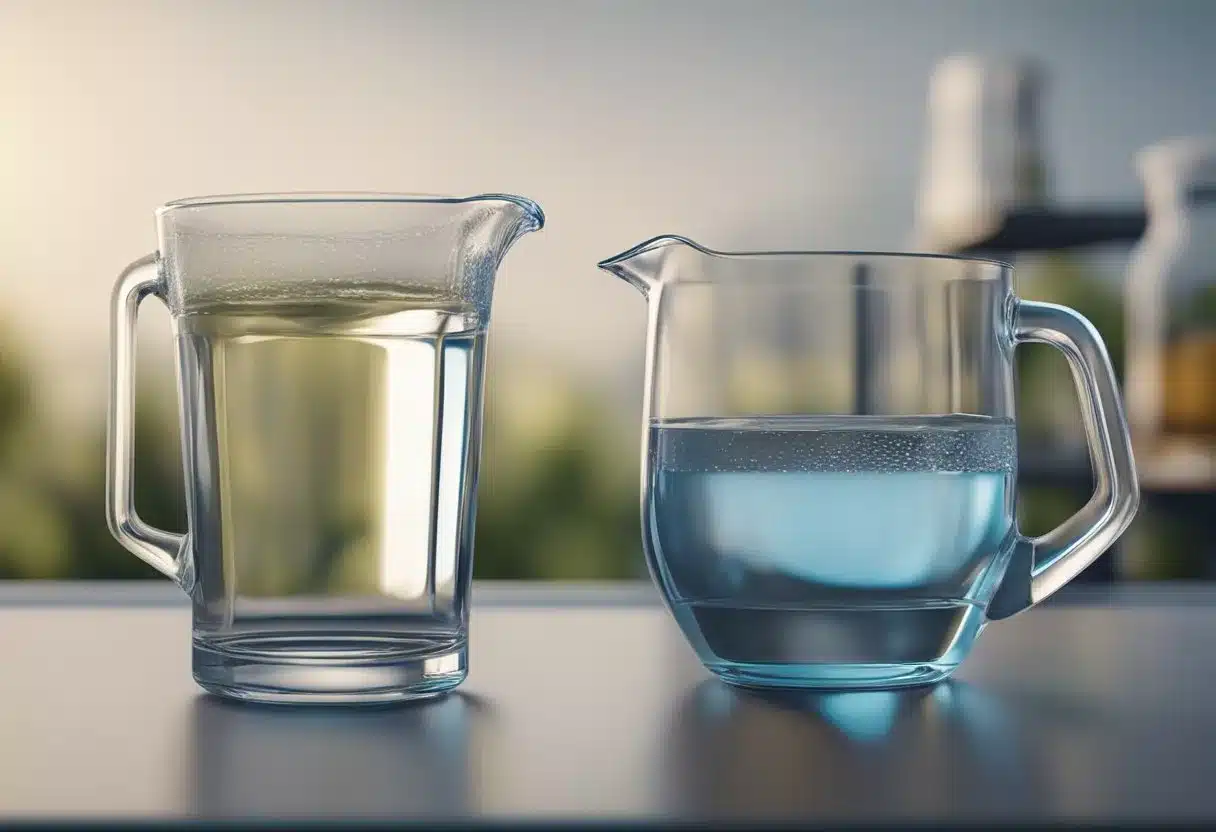 A clear glass of water sits on a table next to a measuring jug, indicating the importance of hydration for body function