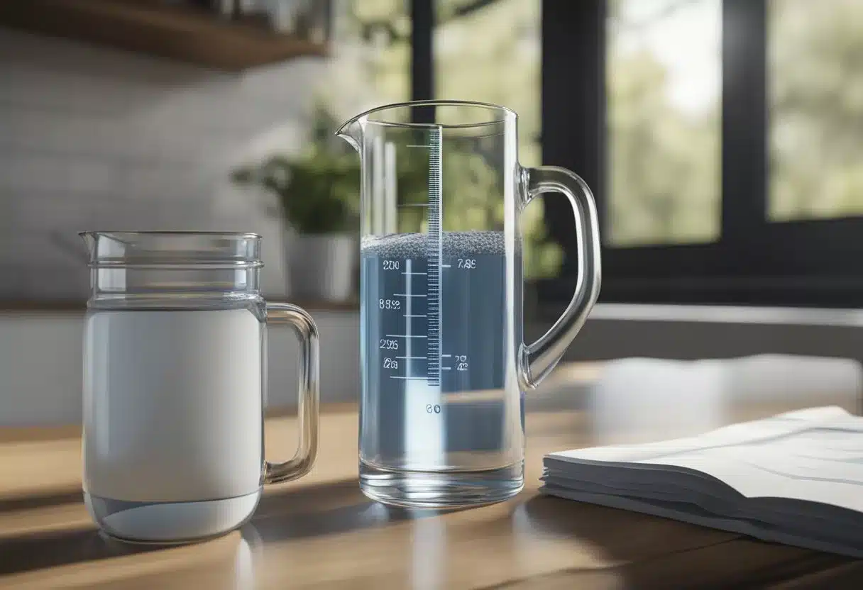 A clear glass of water sits next to a measuring jug, with a chart showing recommended daily water intake in the background