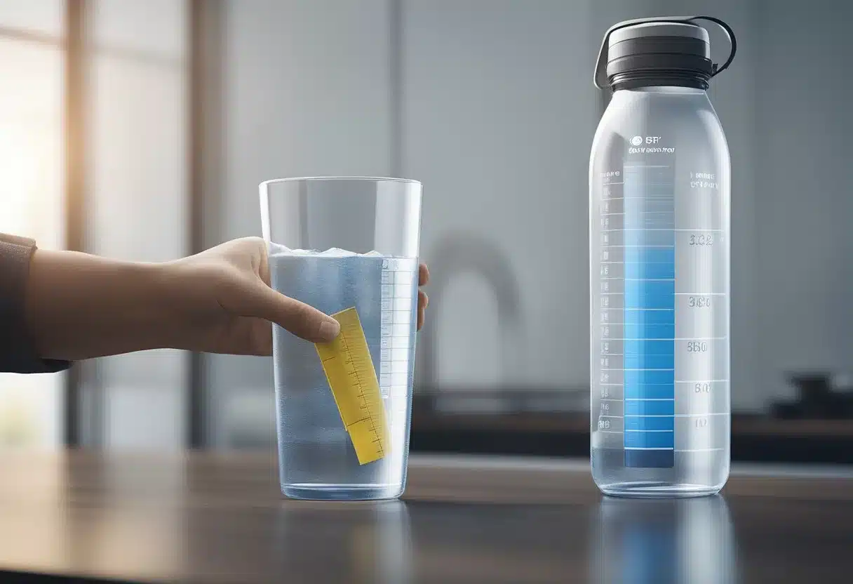 A water bottle with a measuring line indicating the recommended daily intake of water. A person checking off the amount consumed on a hydration tracking chart