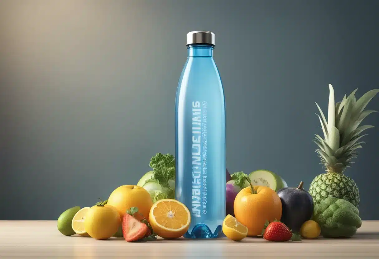 A water bottle with a measuring line showing recommended daily intake, surrounded by various fruits and vegetables with high water content