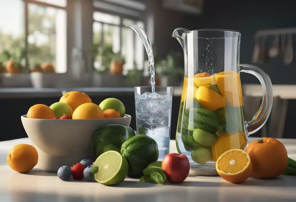 A water pitcher pouring into a glass with a measuring line, surrounded by various fruits and vegetables to symbolize the importance of hydration and the recommended daily intake of water