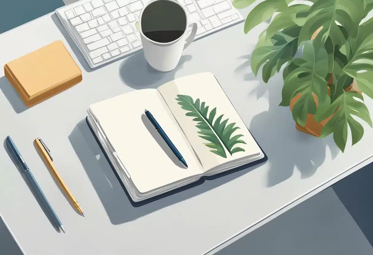 A blank journal open on a clean, organized desk with a pen resting on top. A plant sits nearby, adding a touch of nature to the scene