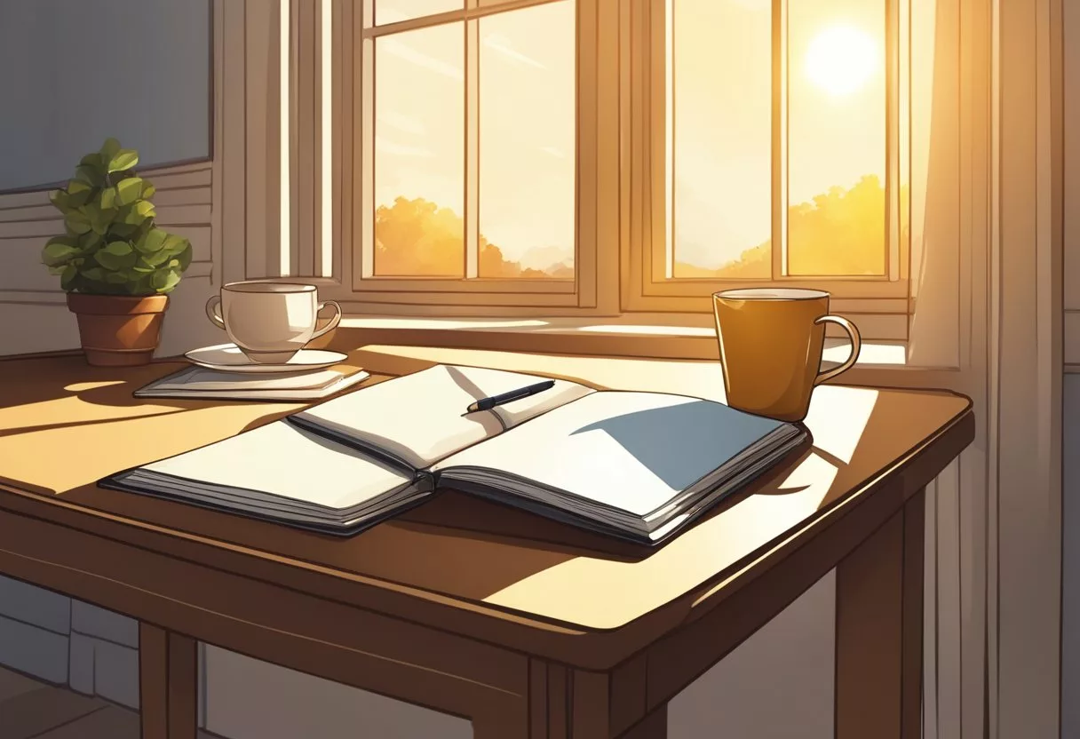 A desk with a blank journal, a pen, and a cup of tea. Sunlight streams in through an open window, casting a warm glow on the scene