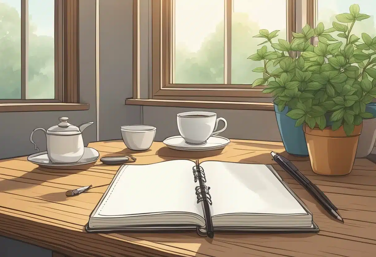 A blank journal sits on a wooden table, surrounded by a cup of herbal tea, a potted plant, and a pen. The window lets in natural light, creating a peaceful and serene atmosphere