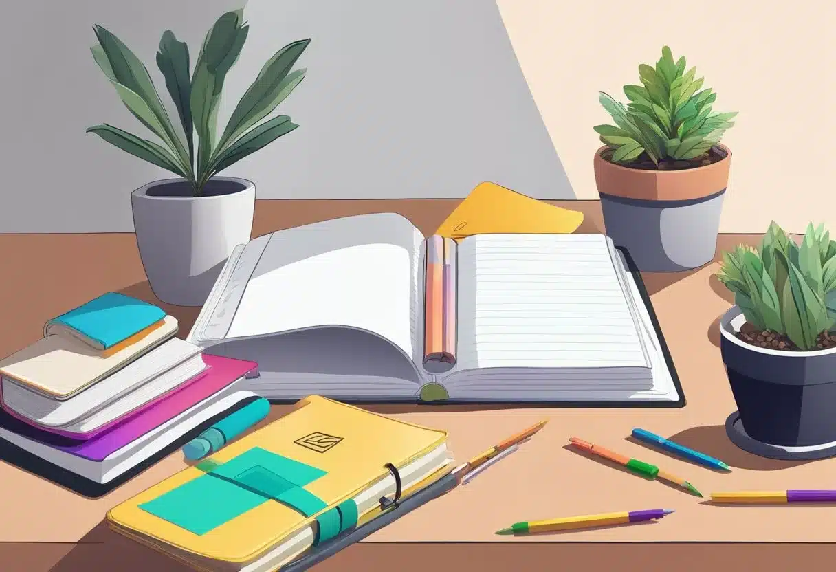 A blank journal sits open on a table, surrounded by colorful pens and a potted plant. A yoga mat and running shoes are nearby, hinting at physical activity