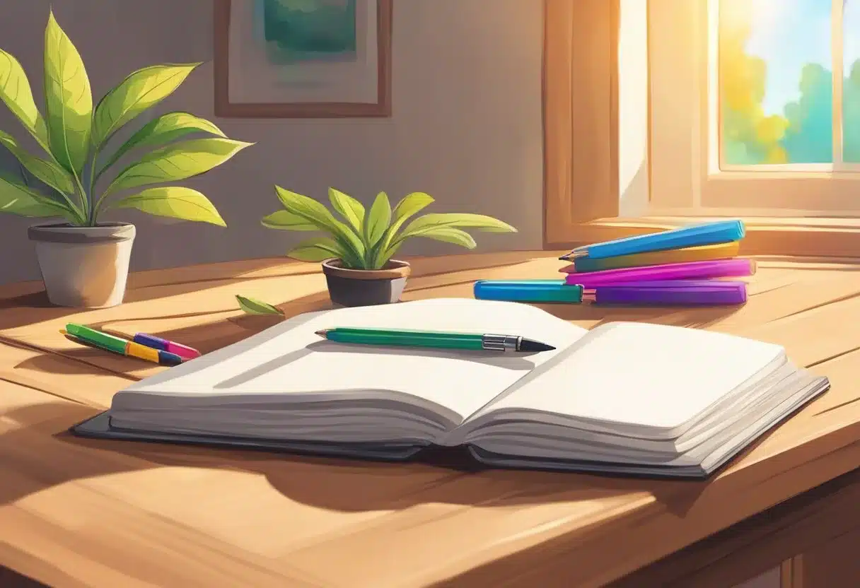 A blank journal sits open on a wooden desk, surrounded by colorful pens and a potted plant. The sunlight streams in through a nearby window, casting a warm glow over the scene