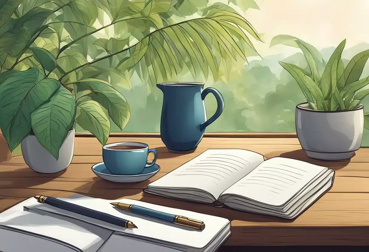 A serene natural setting with a journal, pen, and a cup of tea on a wooden table, surrounded by plants and a tranquil atmosphere