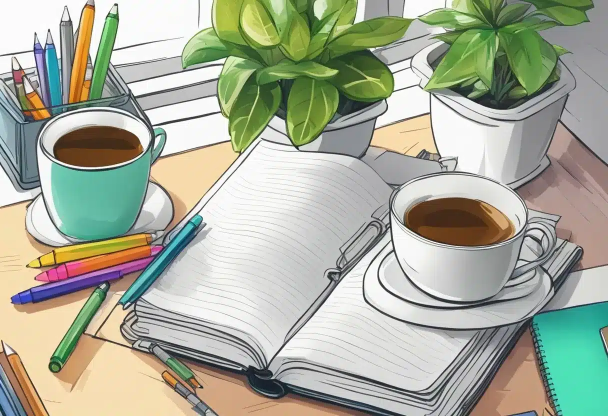 A blank journal open on a desk, surrounded by colorful pens and markers. A cup of tea and a potted plant add a cozy touch