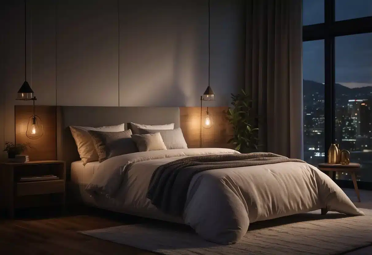 A serene bedroom with a cozy bed, soft pillows, and dim lighting. A clock shows late evening