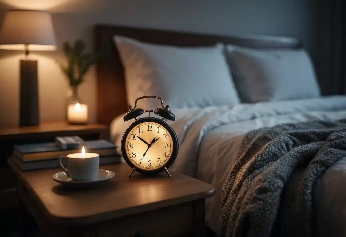 A peaceful bedroom with a cozy bed, soft pillows, and a warm blanket. A clock on the nightstand shows the time, while a book about sleep and health lies open nearby