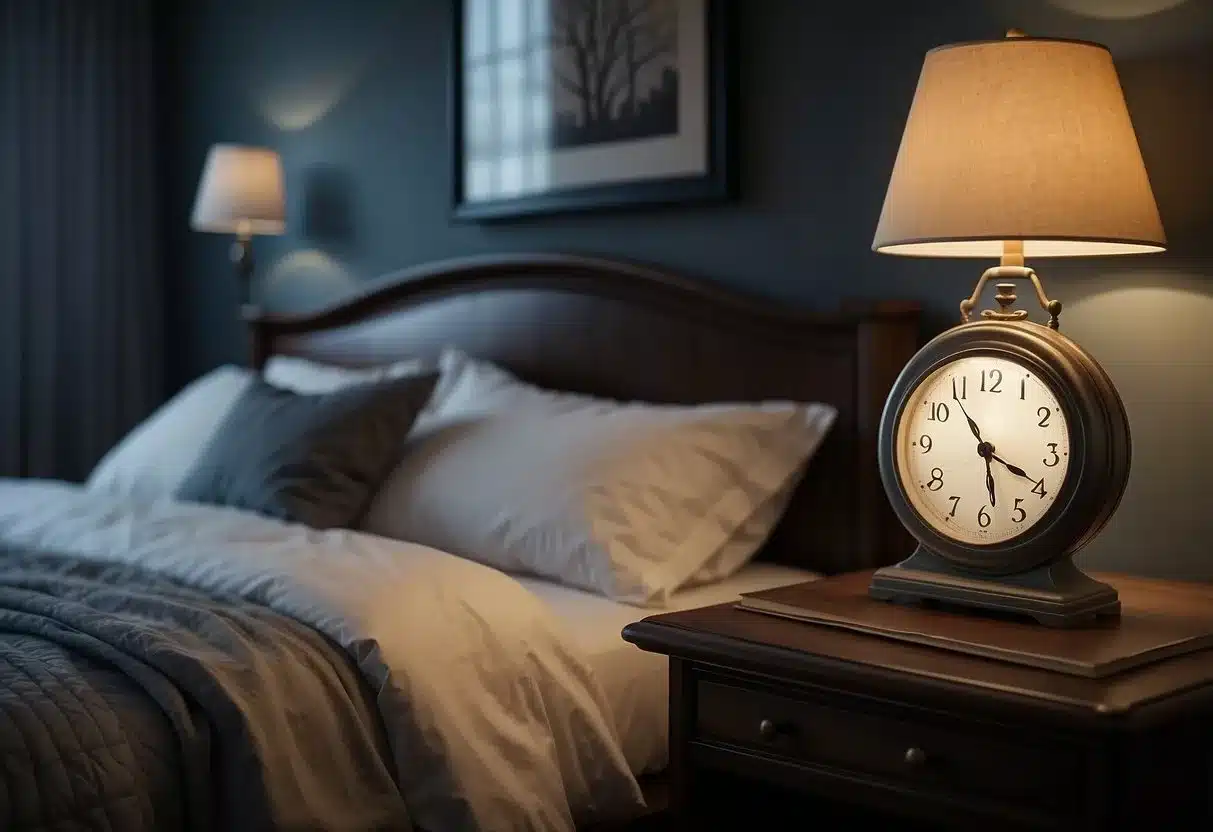 A serene bedroom with dim lighting, a cozy bed, and calming decor. A clock shows a late hour, and a book on sleep health sits on the nightstand