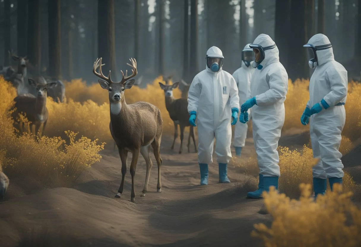 A group of scientists in hazmat suits examine a herd of deer, taking samples and setting up barriers to prevent the spread of the disease