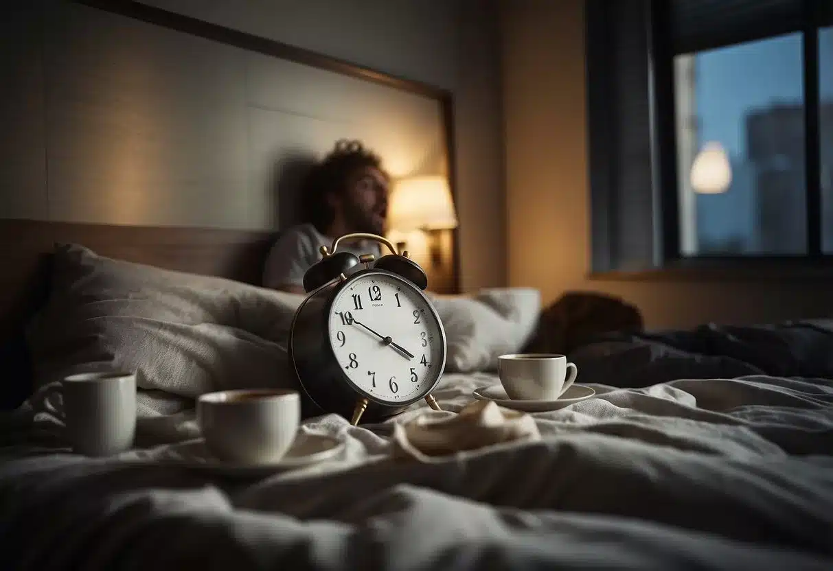 A disheveled bed with a clock showing late hours, a person yawning, and a stack of empty coffee cups