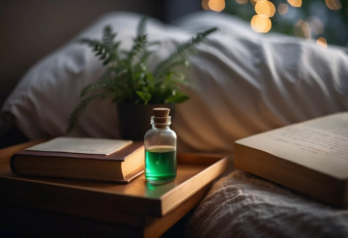 A peaceful sleeping environment with a bed, calming colors, and a serene atmosphere. A bedside table with a book on sleep and a soothing essential oil diffuser