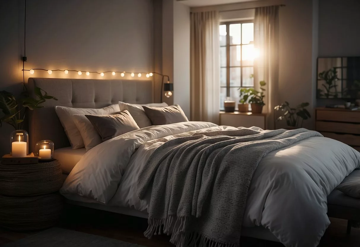 A peaceful bedroom with a cozy bed, soft pillows, and dim lighting, creating a tranquil and restful environment for a good night's sleep