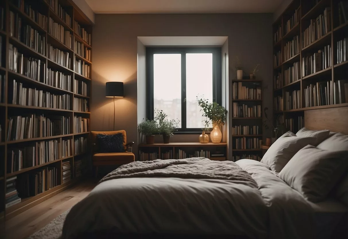 A cozy bedroom with dim lighting, a comfortable bed, and a calming atmosphere. A bookshelf filled with self-help and wellness books