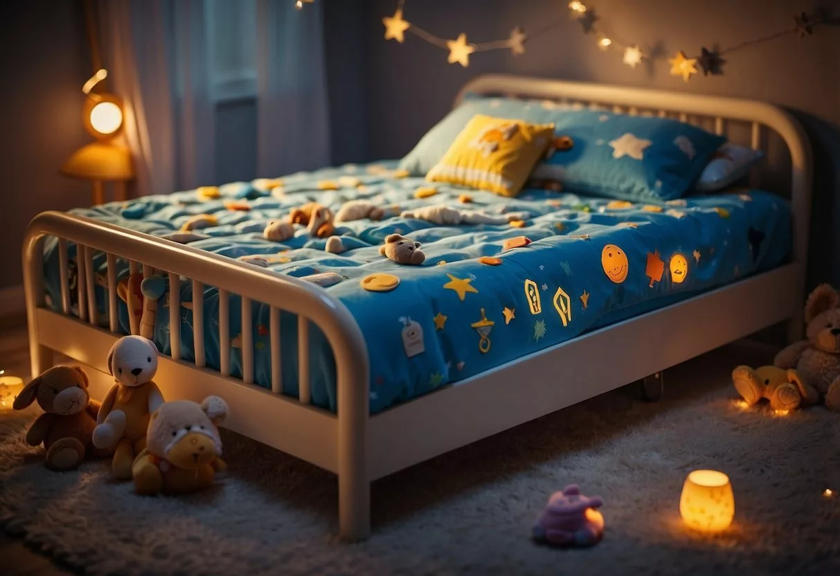 A bed surrounded by symbols of different life stages, from baby toys to elderly items, with a glowing line connecting them all