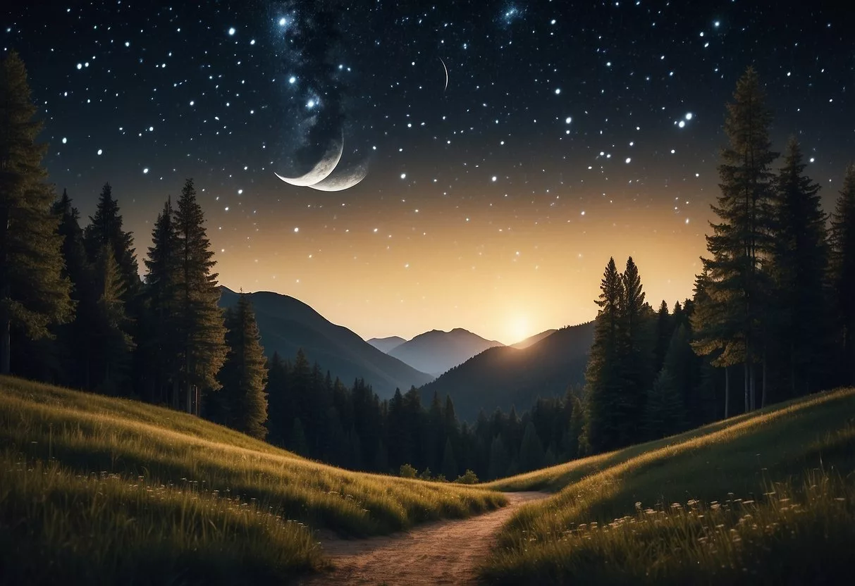 A peaceful, starry night with a crescent moon shining down on a tranquil landscape. A soft, gentle breeze rustles through the trees, creating a sense of calm and relaxation