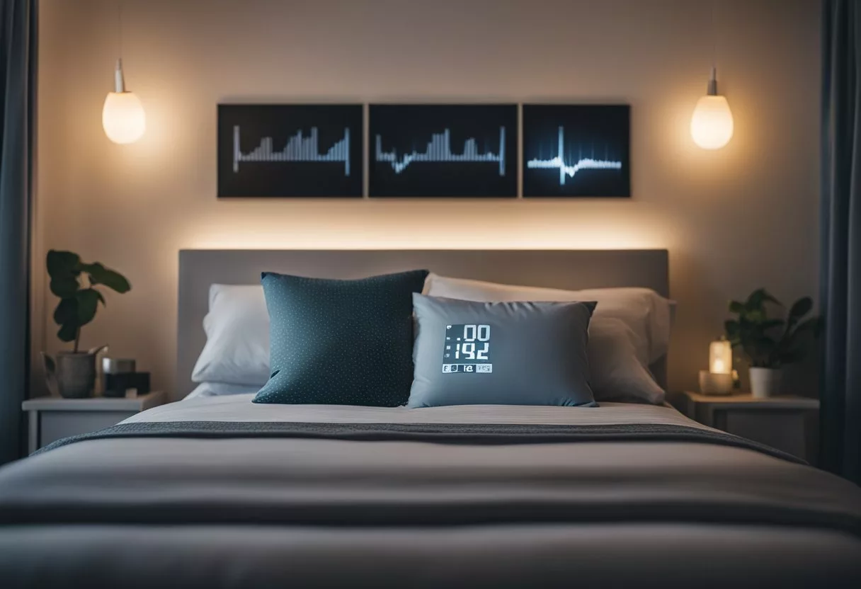 A peaceful bedroom with a cozy bed, soft pillows, and a gentle night light. A heart rate monitor displays a steady, healthy rhythm