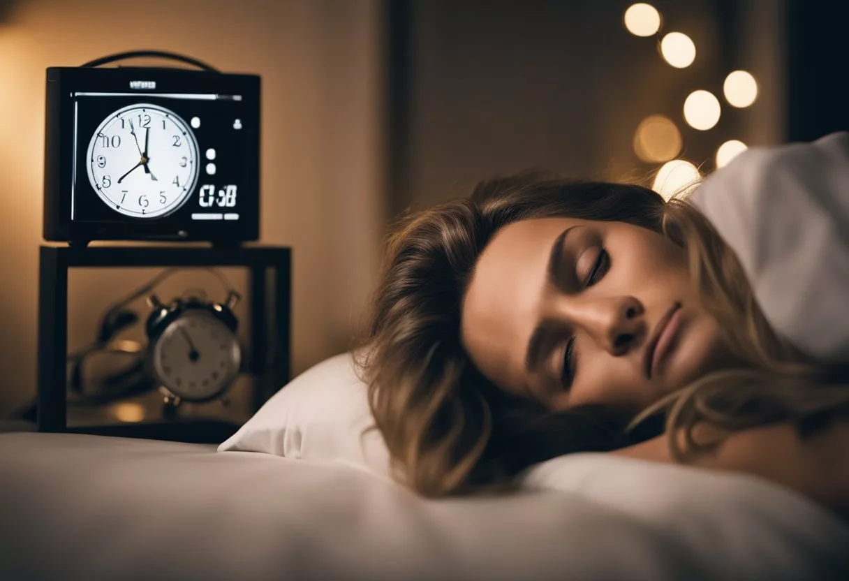 A person lying in bed with a restless expression, surrounded by a clock showing late hours and a heart rate monitor