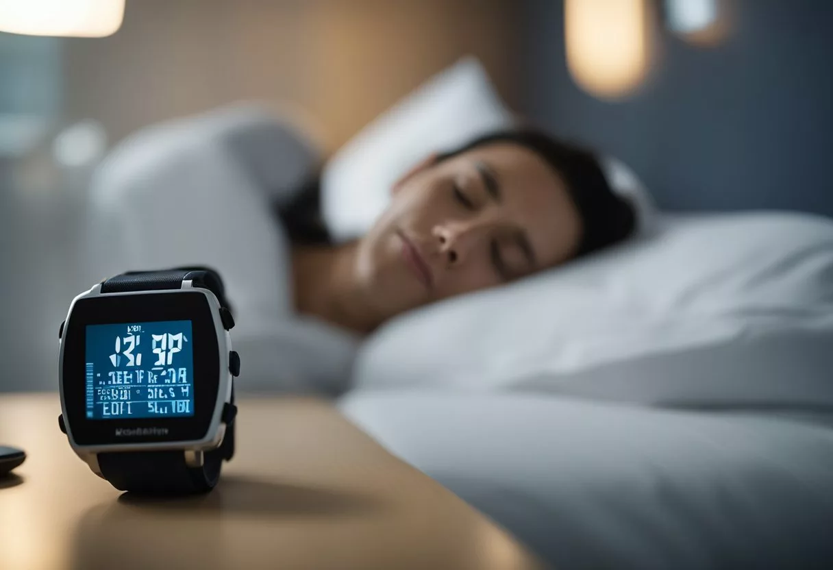 A person sleeping peacefully in bed, with a heart rate monitor displaying a healthy heart rhythm