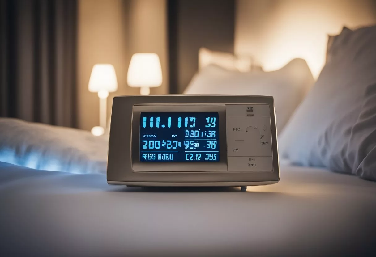 A peaceful bedroom with dim lighting, a cozy bed, and a calming atmosphere. A clock showing a reasonable bedtime and a heart rate monitor displaying healthy numbers