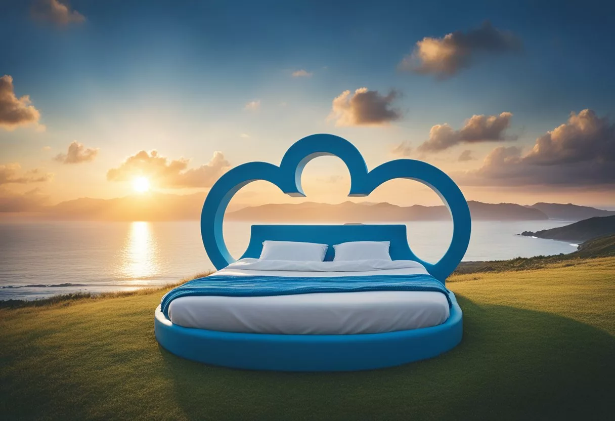 A heart-shaped bed with a peaceful sleeper, surrounded by flowing blue waves and a winding road leading to a bright sunrise