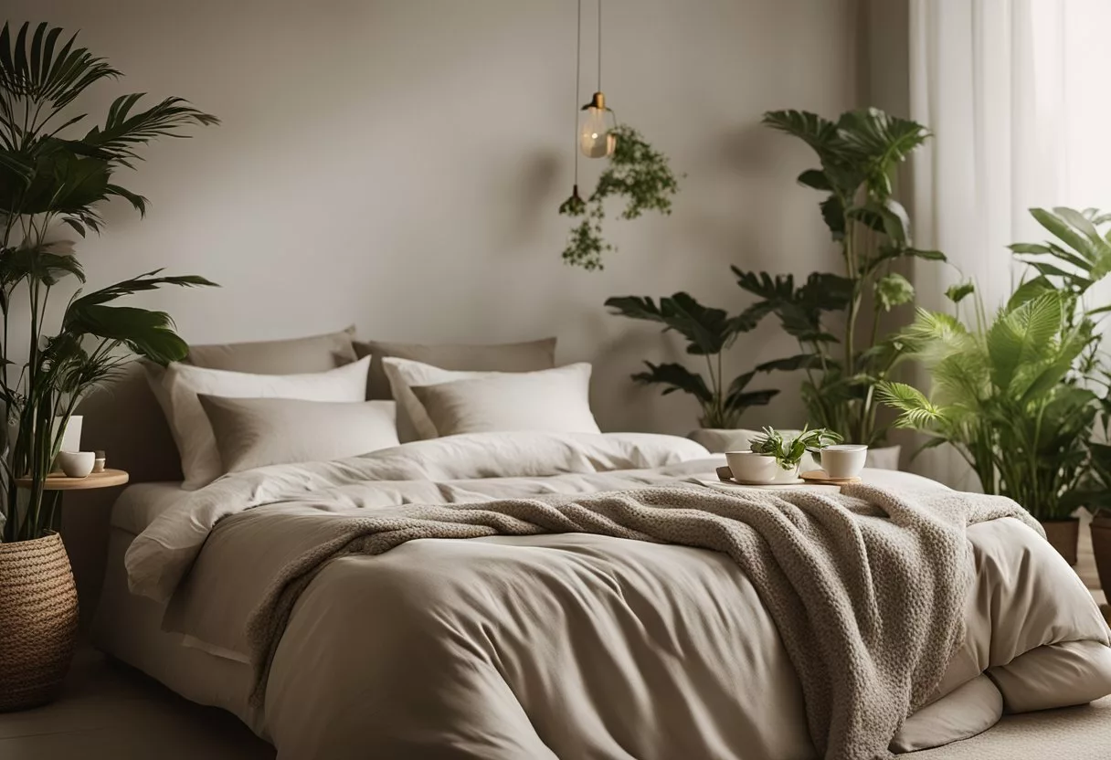 A peaceful bedroom with a cozy bed, soft lighting, and a serene atmosphere, surrounded by elements of nature such as plants and natural materials, creating a sense of tranquility and relaxation