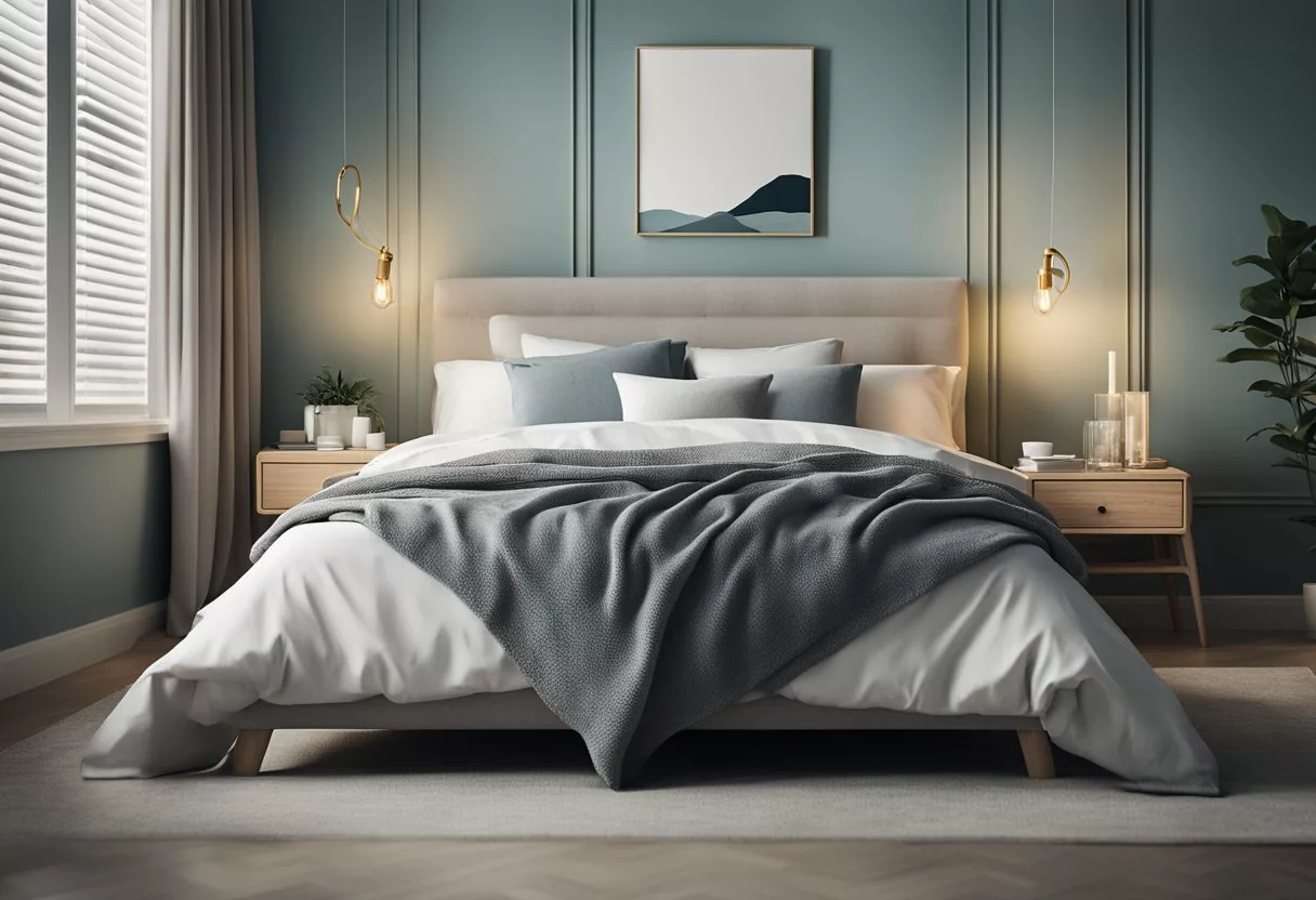 A serene bedroom with a peaceful atmosphere, featuring a comfortable bed, soft pillows, and a calming color scheme. A book or tablet with sleep-related information on a bedside table