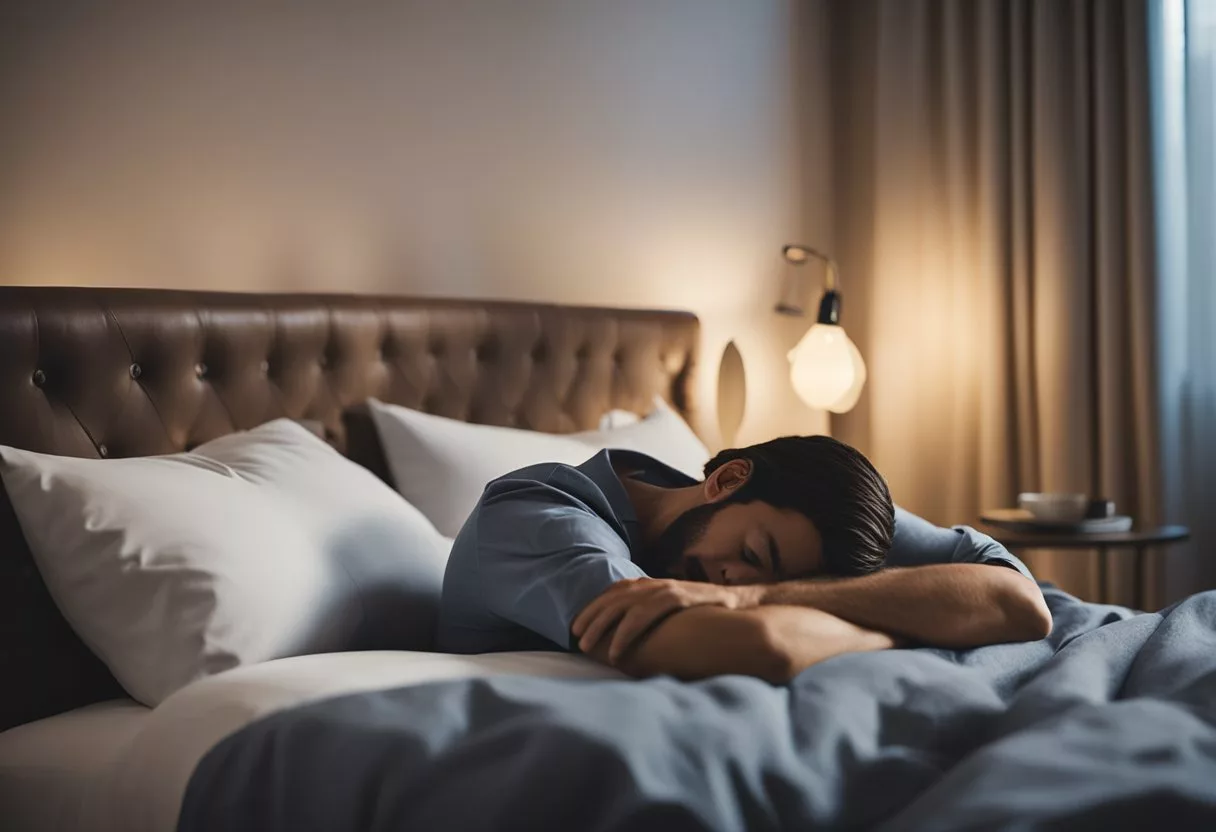 A person sleeping peacefully with a serene expression, surrounded by calming elements such as a cozy bed, soft pillows, and dim lighting