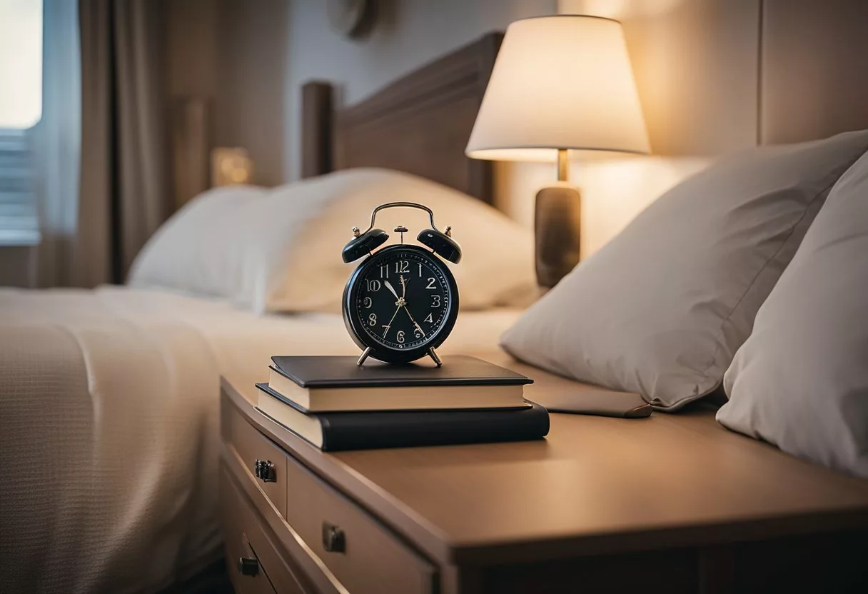 A peaceful bedroom with soft lighting, a cozy bed, and calming decor. A clock on the nightstand shows a late hour, and a book on sleep sits open nearby