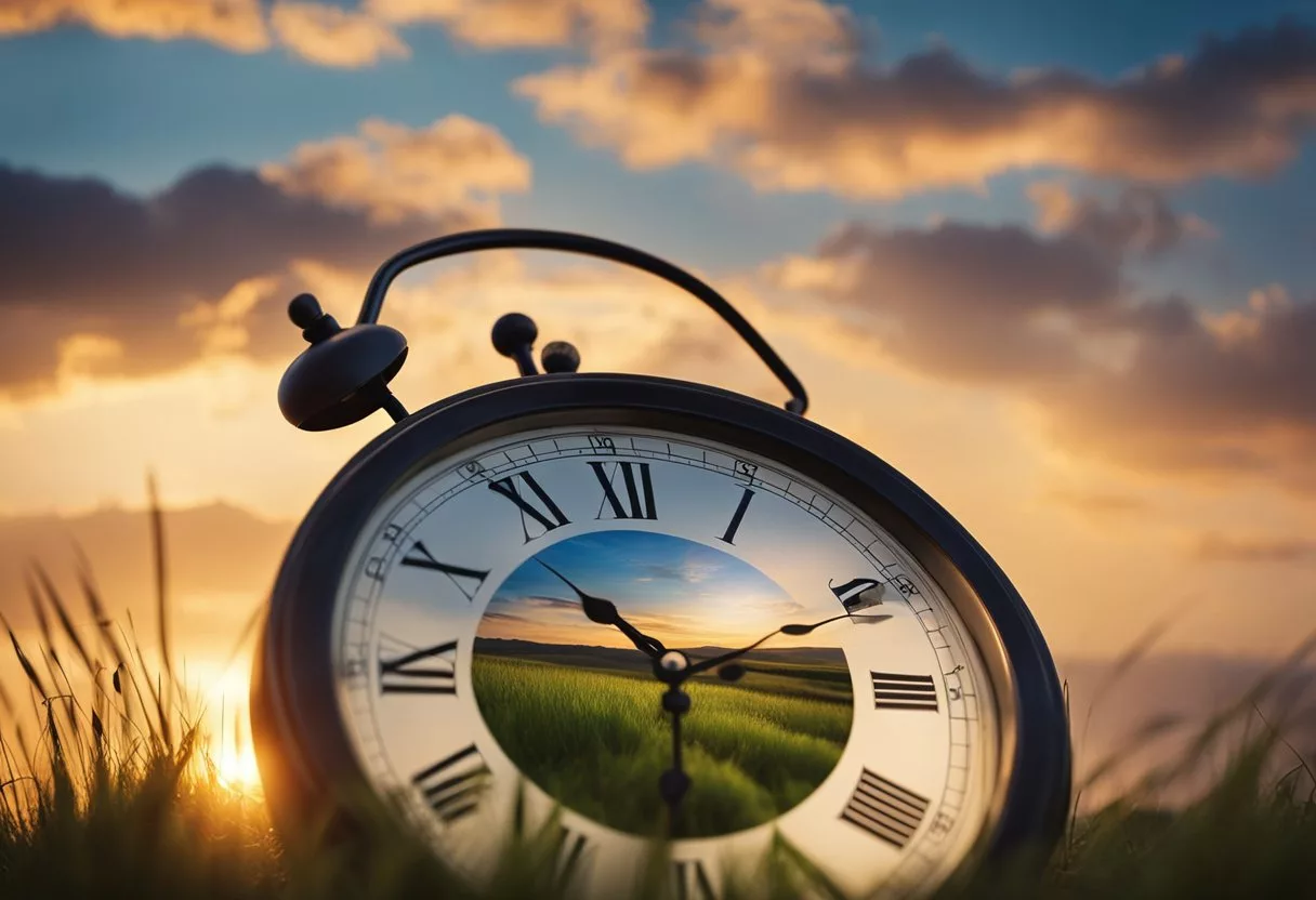 Sunrise over a tranquil landscape, with a clock showing different times of day. A serene atmosphere with a sense of balance and harmony