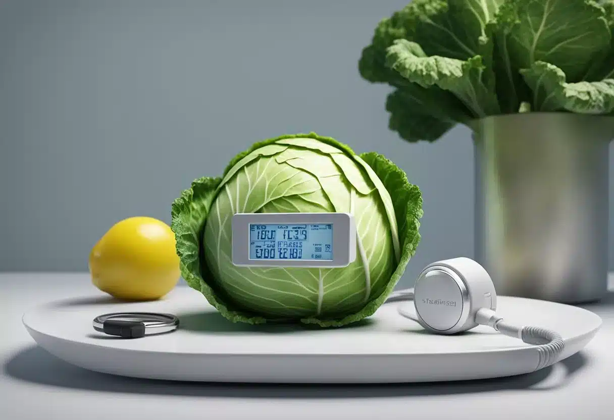 A cabbage sitting on a plate next to a blood sugar monitor