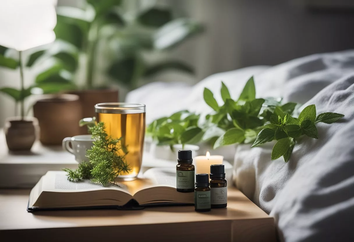 A serene bedroom with calming colors and soft lighting, surrounded by plants and essential oils. A cup of herbal tea sits on a bedside table, while a book about sleep and mental health rests on the bed