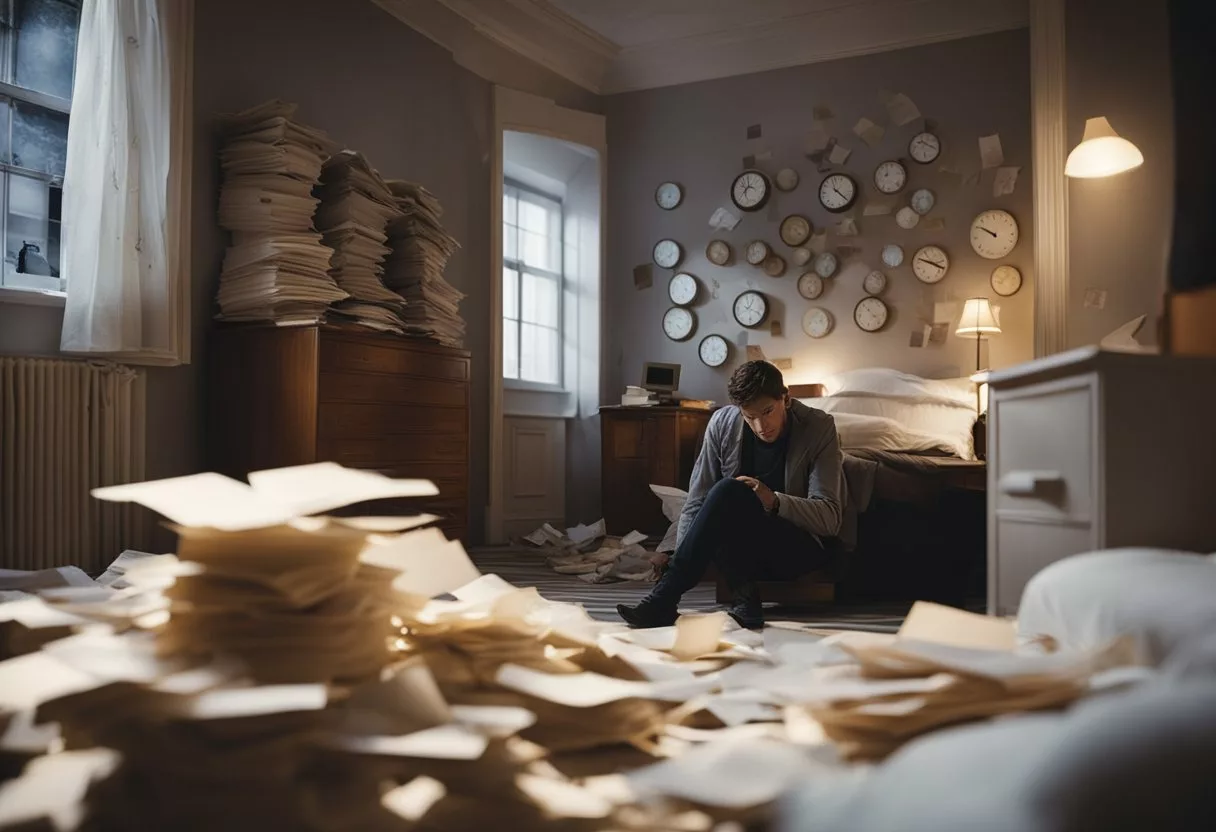 A disheveled room with a clock showing late hours, scattered papers, and a person tossing and turning in bed, with a worried expression