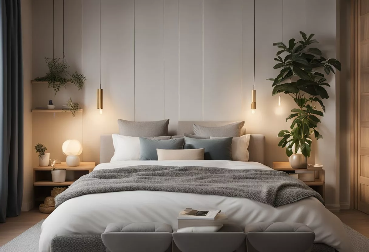 A serene bedroom with a cozy bed, soft lighting, and a calm atmosphere, conveying a sense of relaxation and tranquility