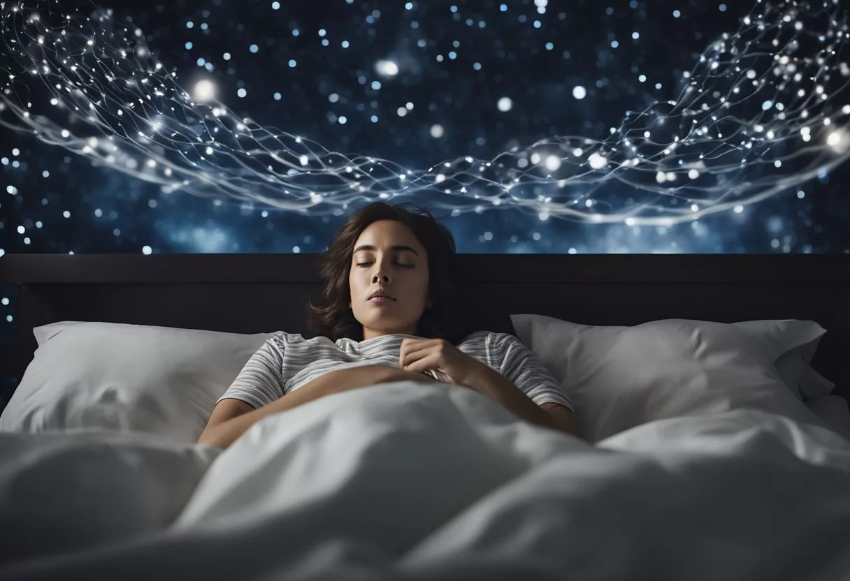 A person lying in bed, surrounded by swirling thoughts and emotions, unable to find peace, representing the relationship between mental health and sleep