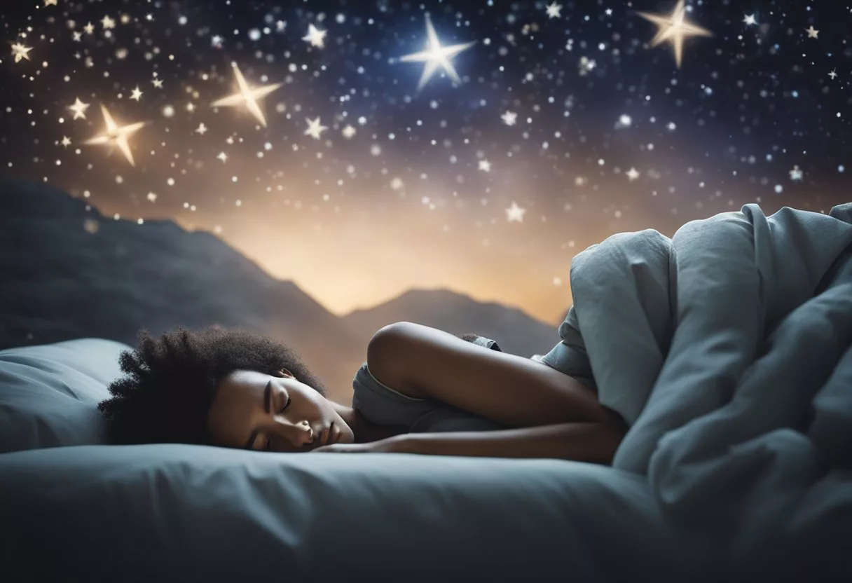 A person peacefully sleeping, surrounded by calming elements like stars, clouds, and a tranquil environment