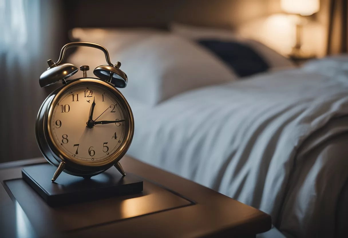 A cozy bedroom with dim lighting, a comfortable bed, and a peaceful atmosphere. A clock on the nightstand shows a late hour, indicating the importance of quality sleep for mental well-being