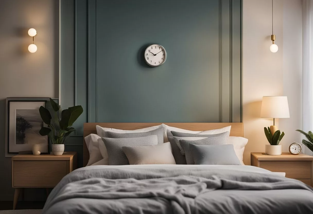 A peaceful bedroom with a cozy bed, soft pillows, and a warm blanket. A clock on the nightstand shows the time, and a book about sleep and weight management is open on the bedside table