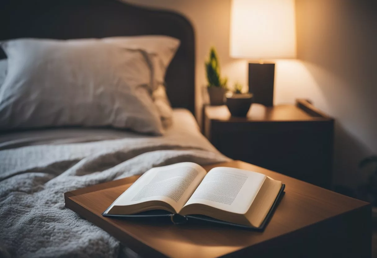 A peaceful bedroom with a cozy bed, dim lighting, and calming decor. A book on sleep and weight management sits on the nightstand