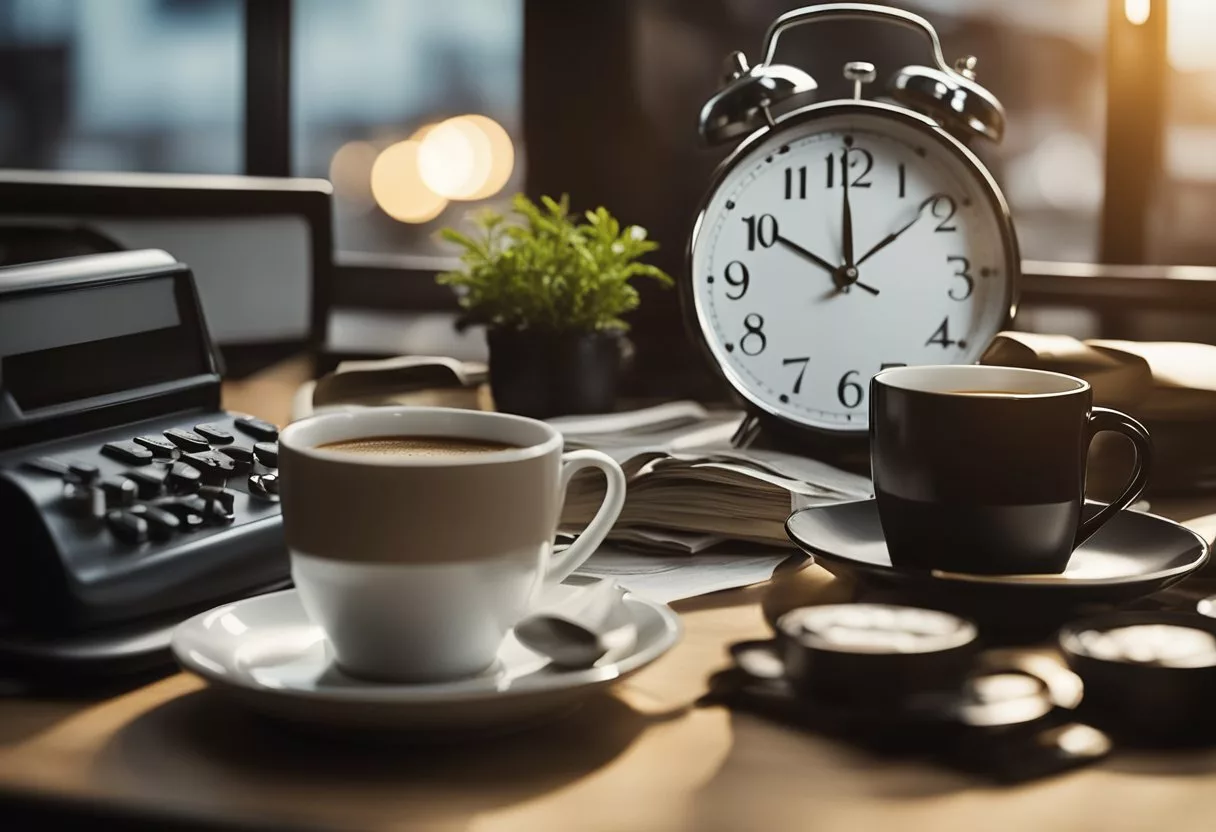 A cluttered desk with empty coffee cups, a disheveled bed, and a tired-looking clock showing late hours